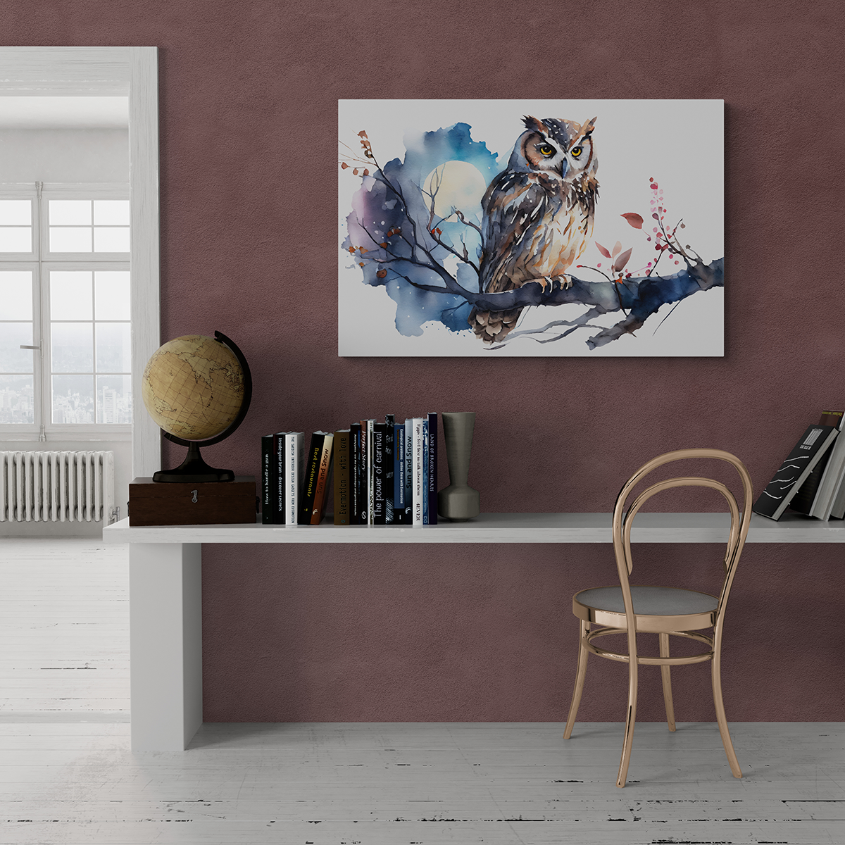 Night Owl - Aquarell Wandbild - Querformat im Arbeitszimmer