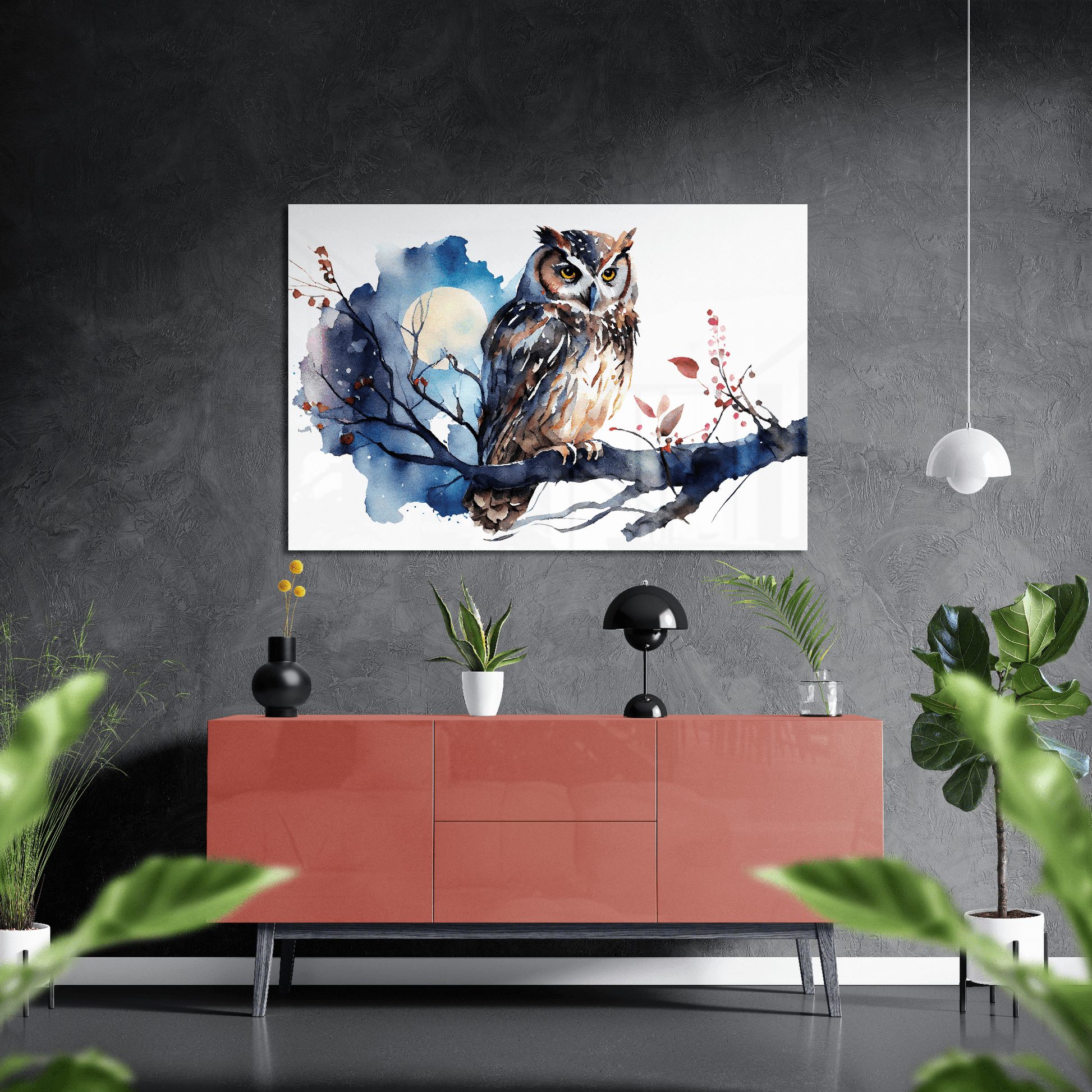 Night Owl - Aquarell Wandbild - Querformat - über einer Wohnzimmer-Kommode